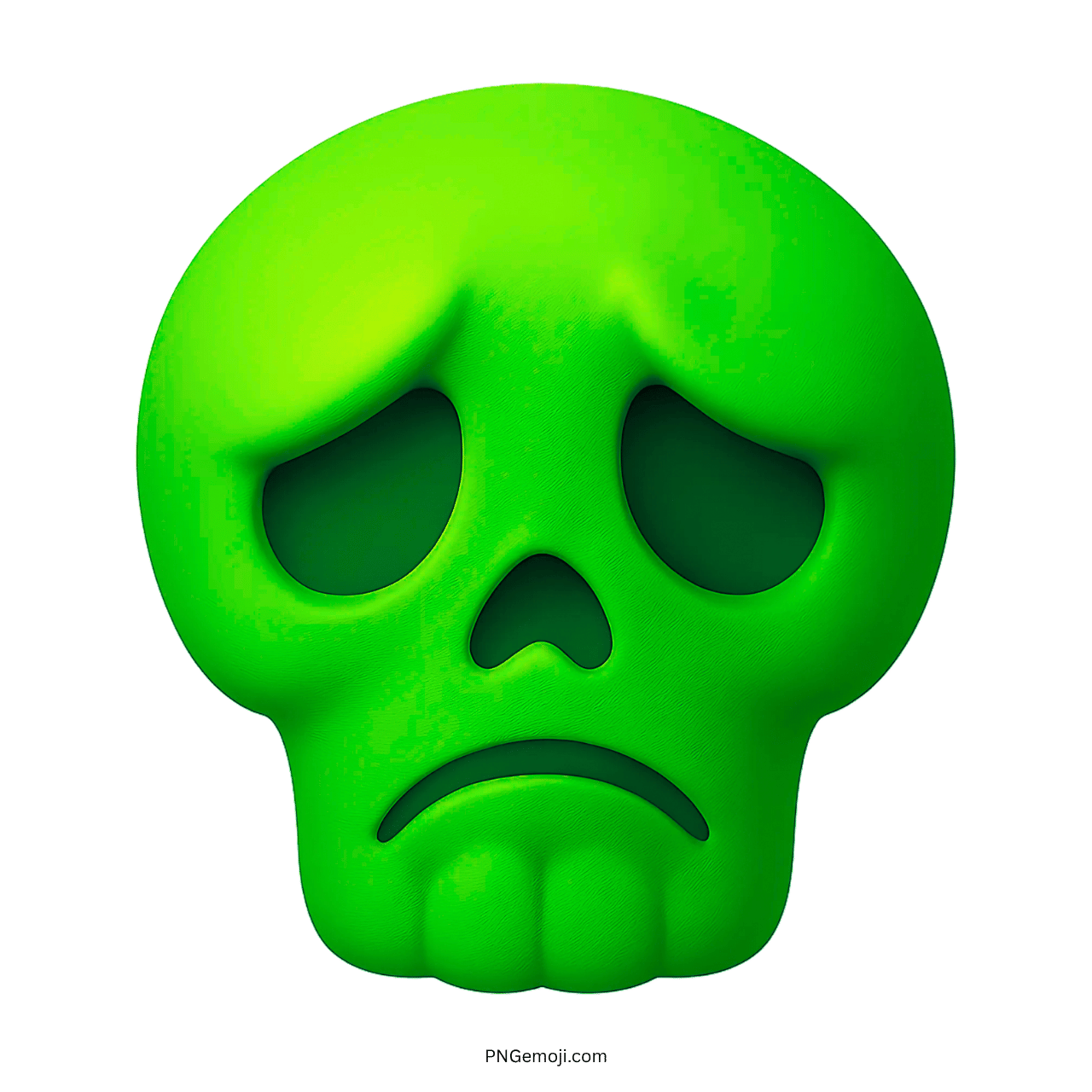 3D green sad skull emoji with downturned mouth and hollow black eyes