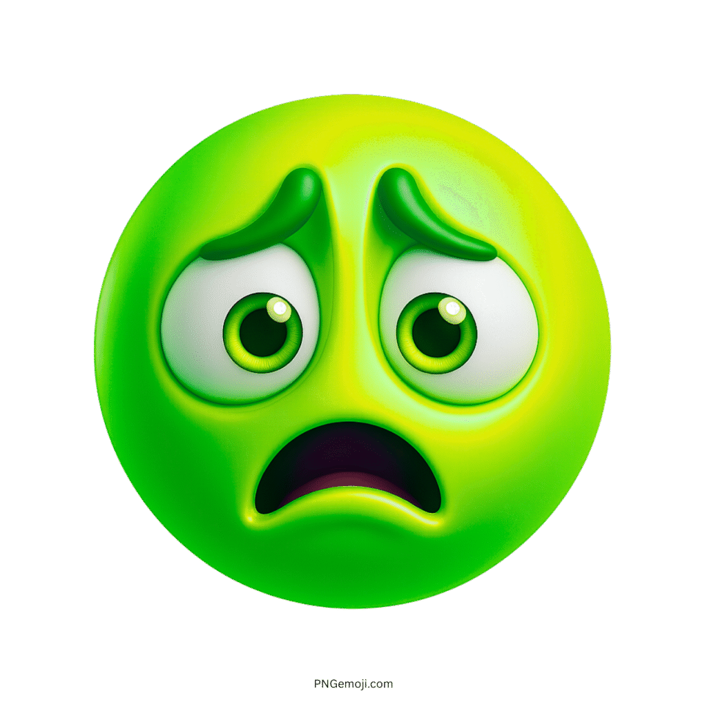 3D sad green emoji with scared eyes and frown, emotional fearful expression