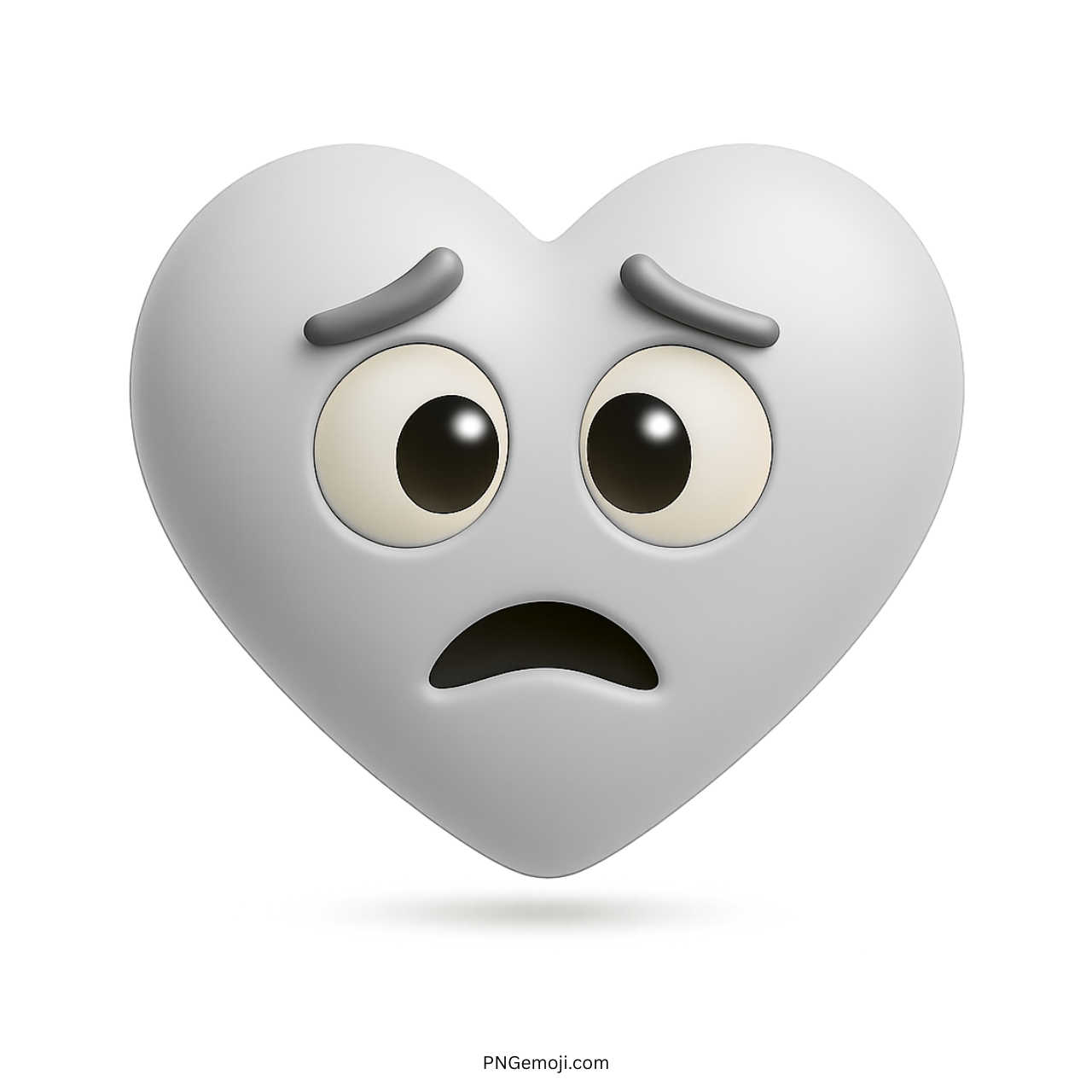3D grey heart emoji with sad scared expression and wide emotional eyes