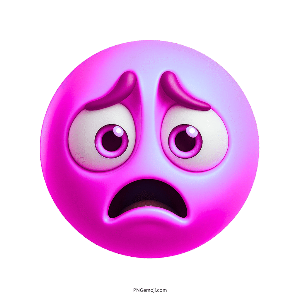 3D pink sad emoji with a worried expression and big tearful eyes