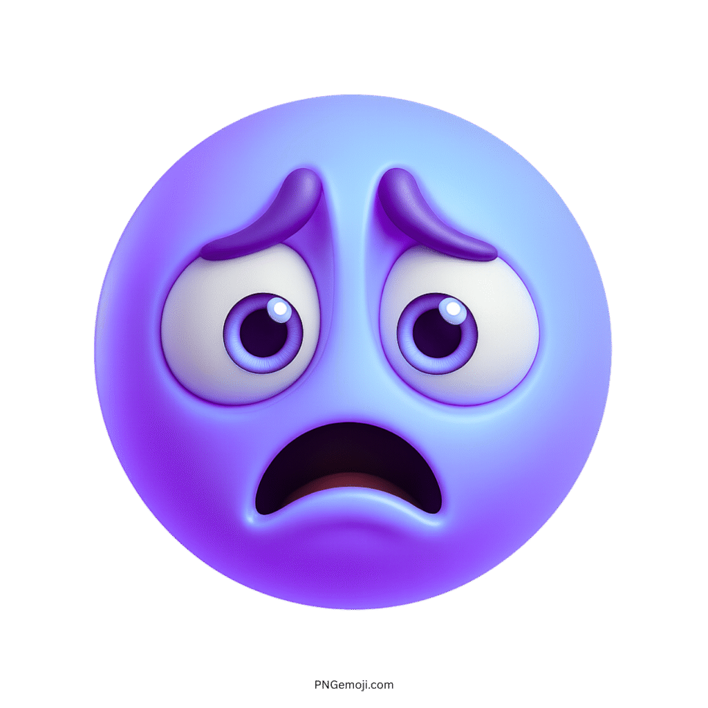 3D purple sad emoji with worried eyes and distressed facial expression