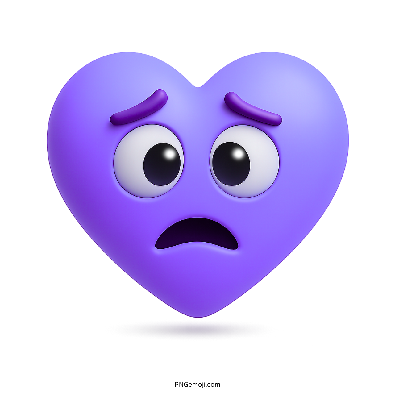 3D purple heart emoji with scared facial expression and wide, worried eyes
