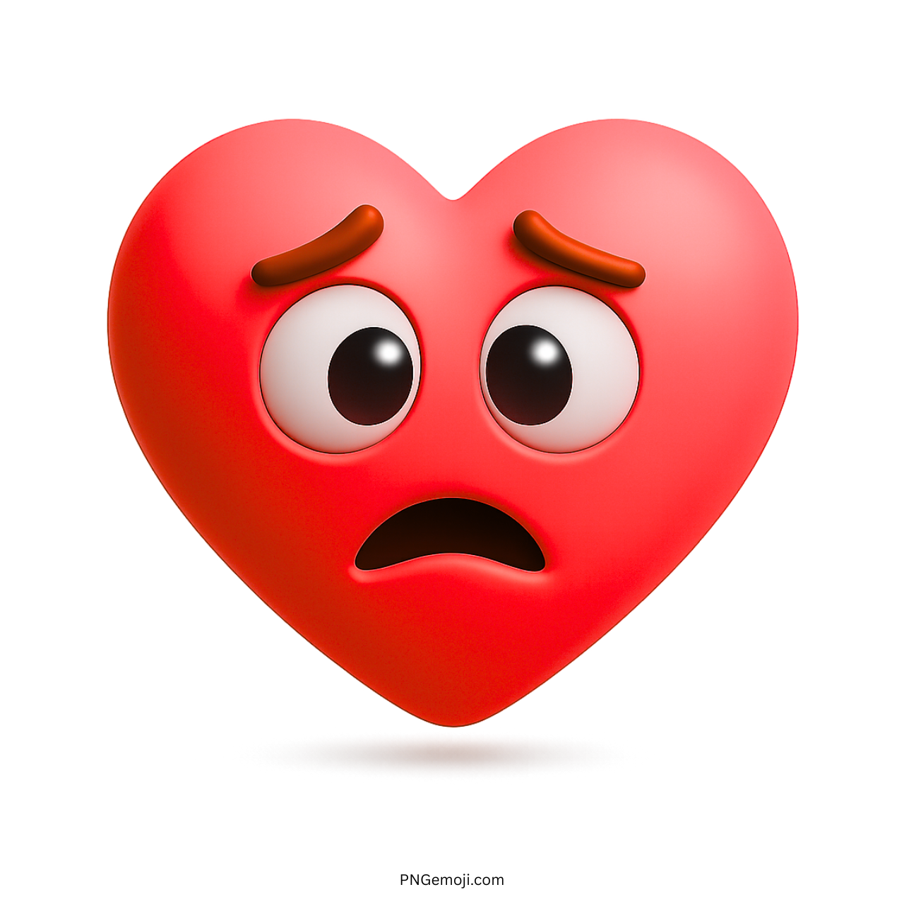 3D red heart emoji showing sadness and fear with raised brown eyebrows