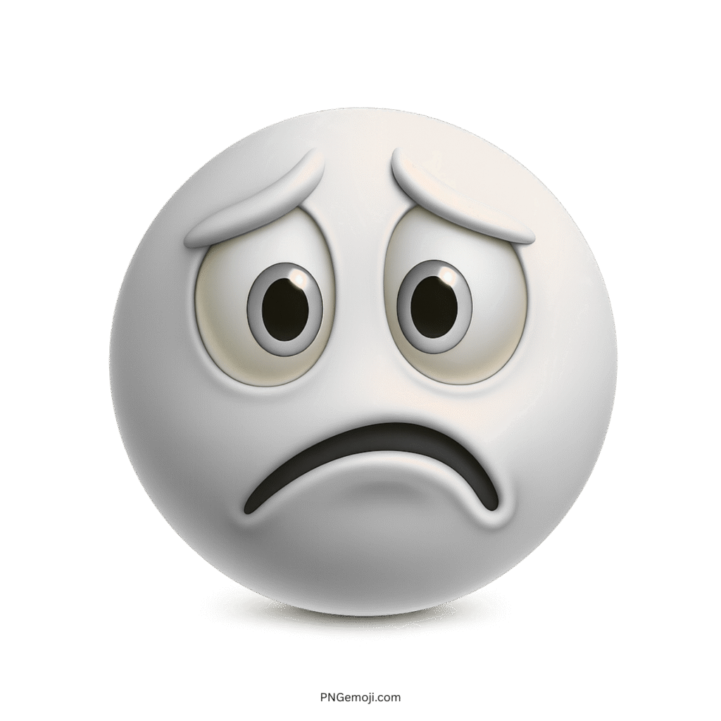 Monochrome sad emoji with droopy eyes and an anxious, downward-curved mouth