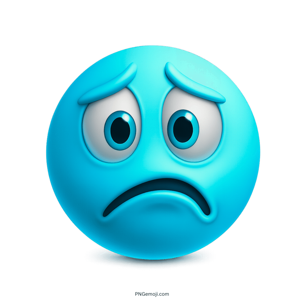 Blue emoji showing a sad, regretful face with frown and expressive teary eyes