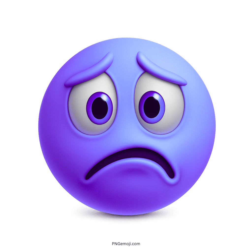 Blue-purple emoji with sad, worried eyes and a deep, expressive frown