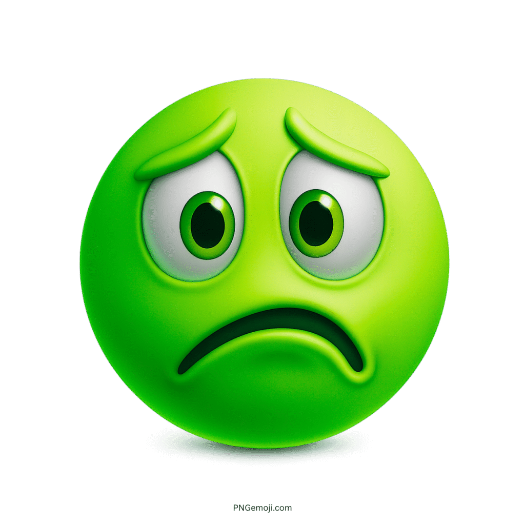 Green sad emoji with frowning mouth and wide eyes showing regret or concern