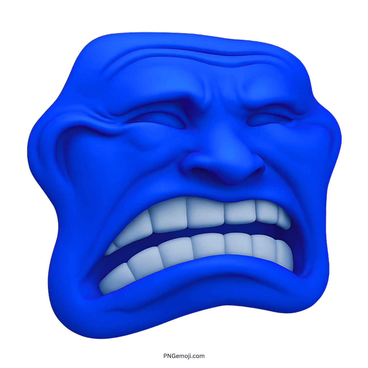 blue sad troll face emoji with grimacing teeth and emotional wrinkled expression