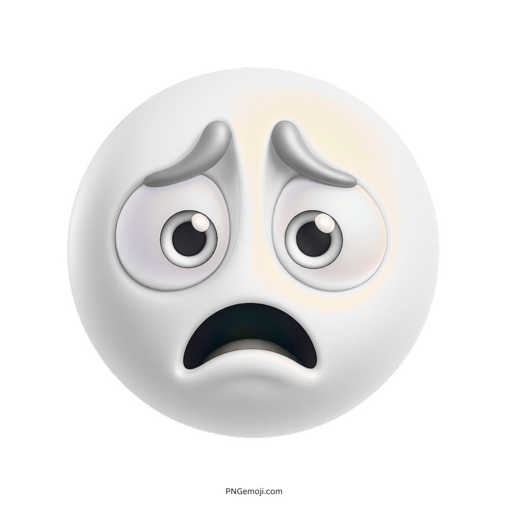 3D white sad emoji with anxious eyes and distressed facial expression