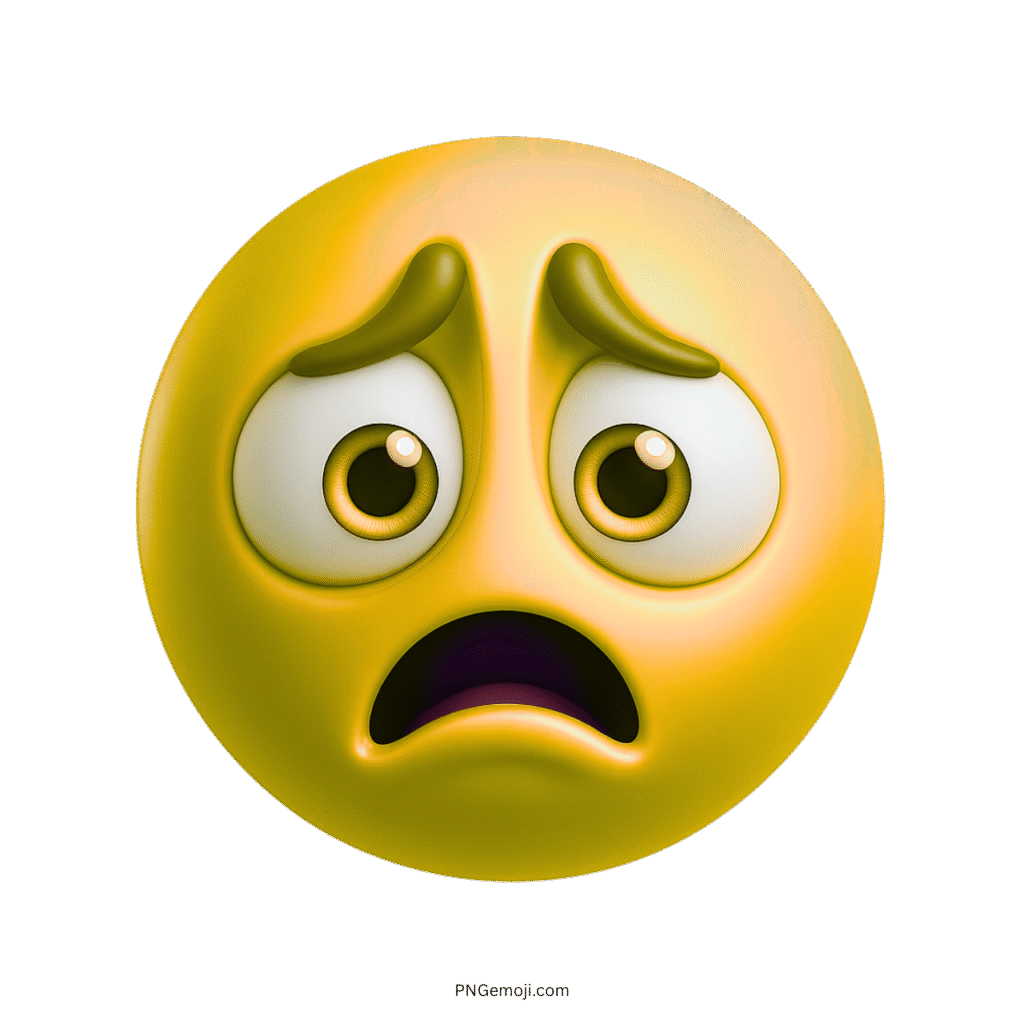 3D sad yellow emoji with worried eyes and open mouth, showing emotional distress