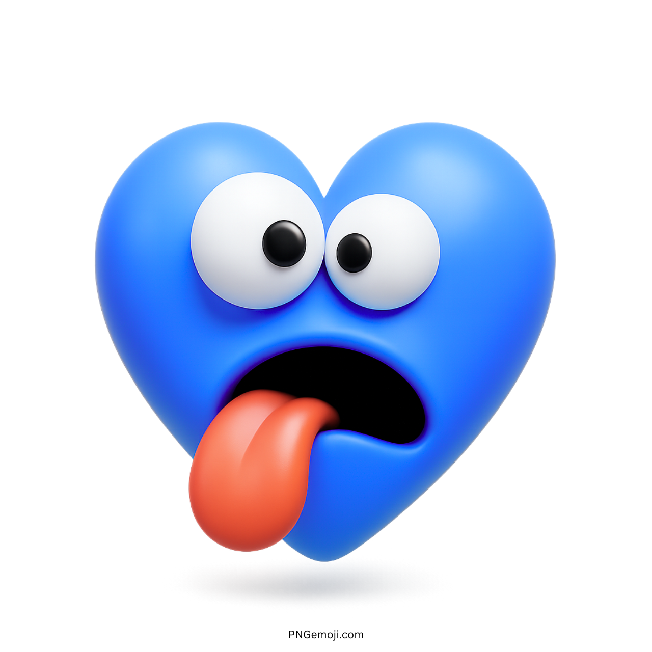 Blue heart emoji with big eyes and tongue out in seasick expression