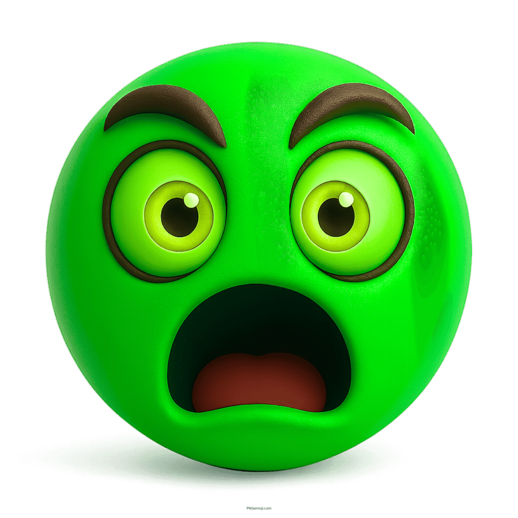 3D shocked green emoji with wide eyes and surprised open mouth
