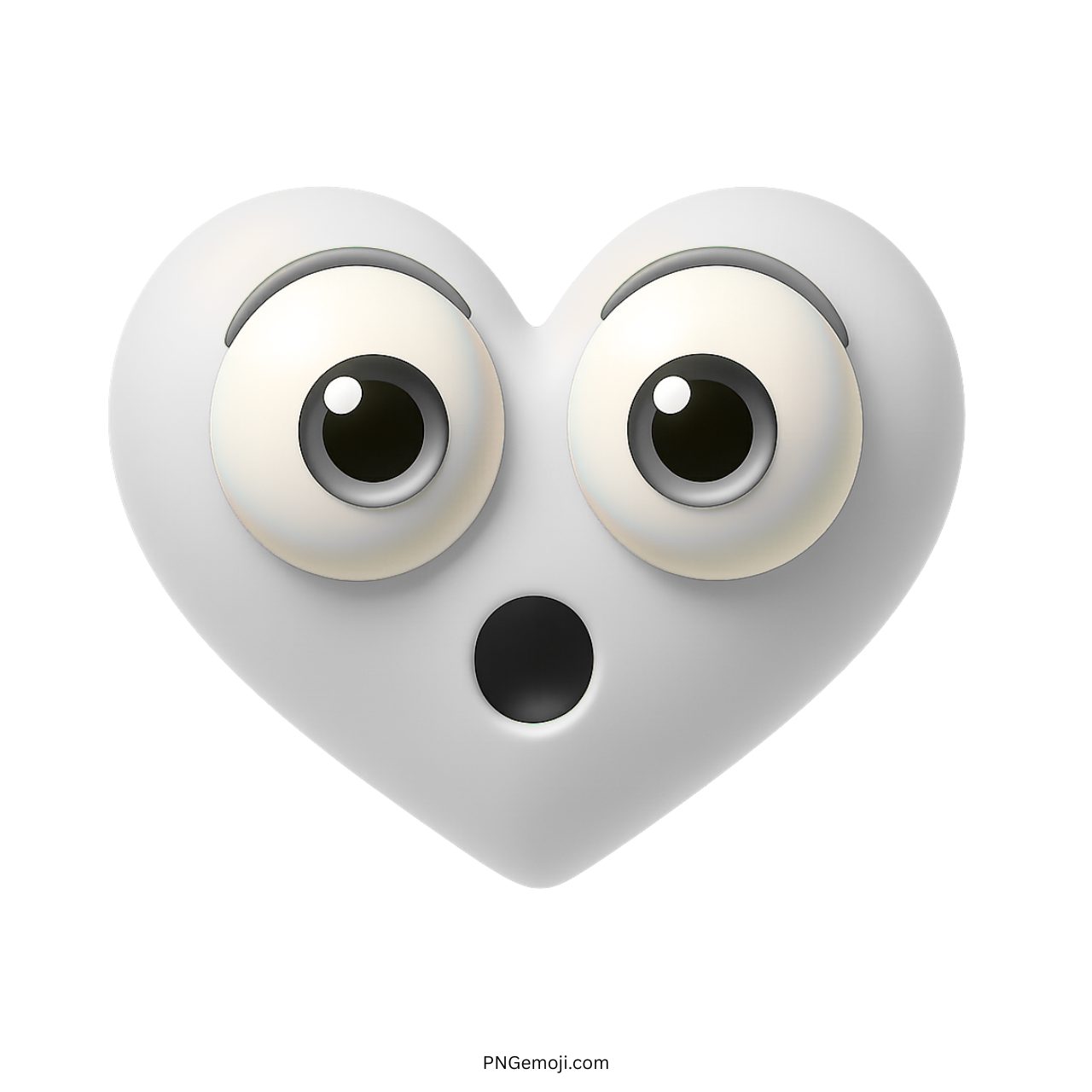 3D shocked white heart emoji with wide cartoon eyes and small surprised mouth
