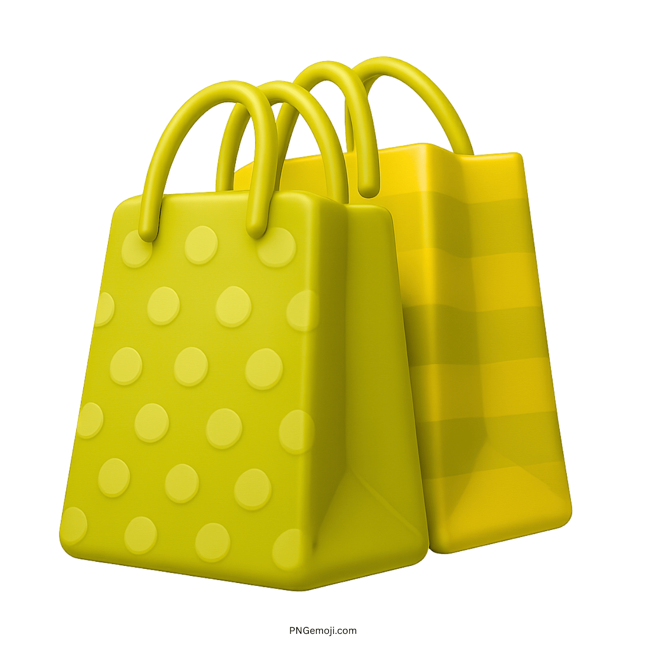 Bright yellow shopping bags emoji with polka dots and striped design, rendered in 3D style