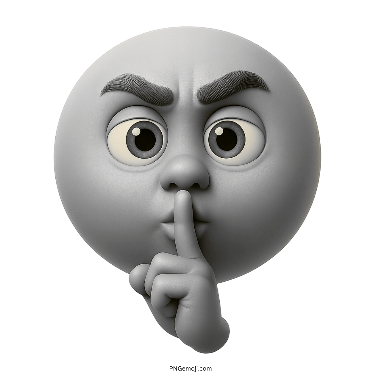 3D shushing face emoji with raised brows and finger on lips gesture