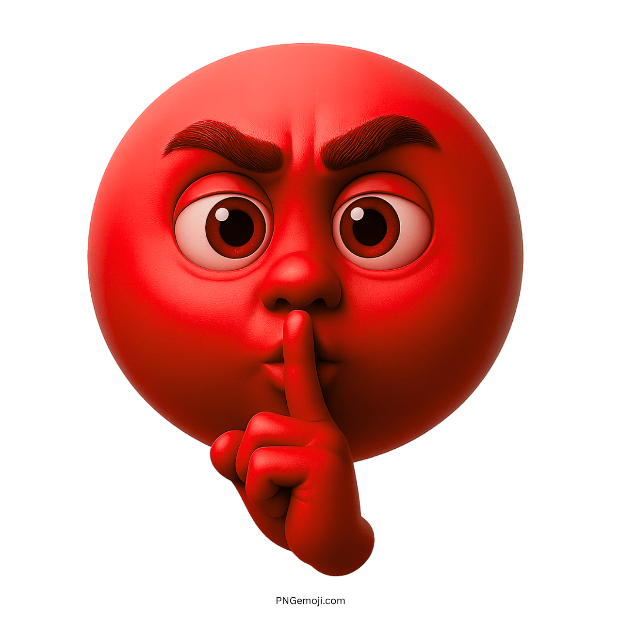 3D red emoji face making shushing gesture with serious expression and finger on lips