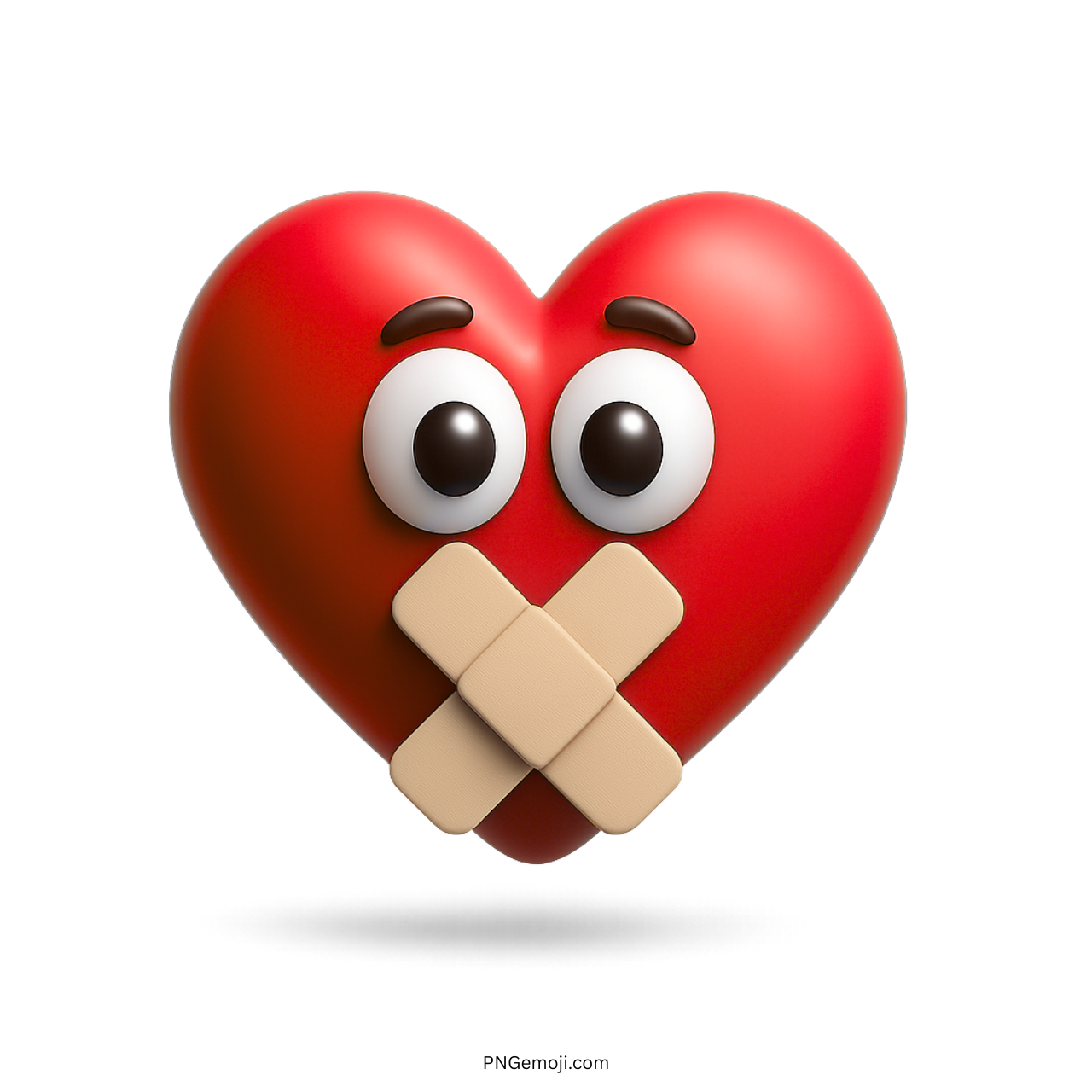 3D red heart emoji with eyes and bandaged mouth expressing silence or emotional hurt