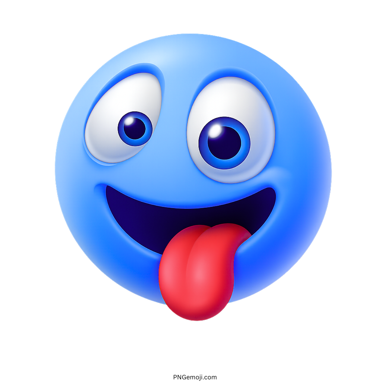 Silly blue smiley face emoji with tongue out and goofy eyes expression