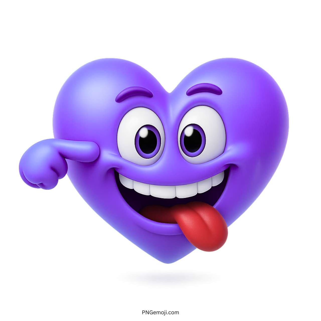 Silly purple heart emoji with tongue out and funny eyes in 3D cartoon design