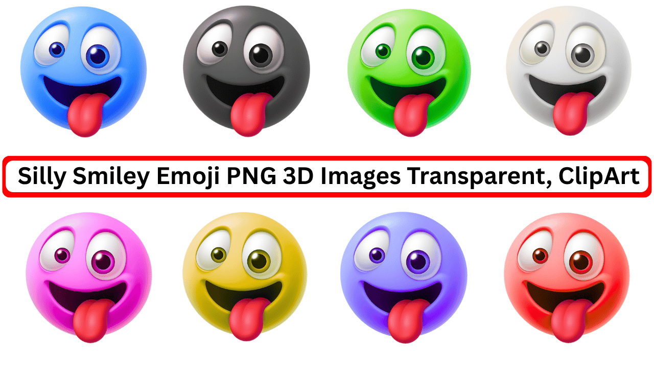 Colorful silly smiley emoji PNGs with tongue out in 3D cartoon style clipart