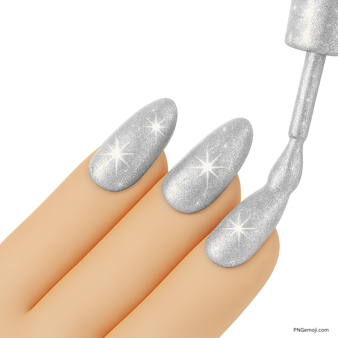 Silver glitter nail polish emoji on manicured fingers with sparkles and brush in 3D