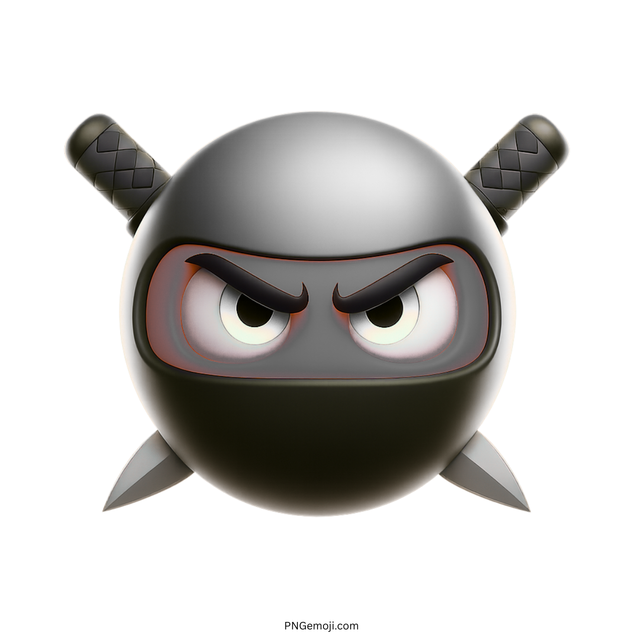 3D silver ninja emoji with metallic glow, sharp eyes, and dual swords on transparent background