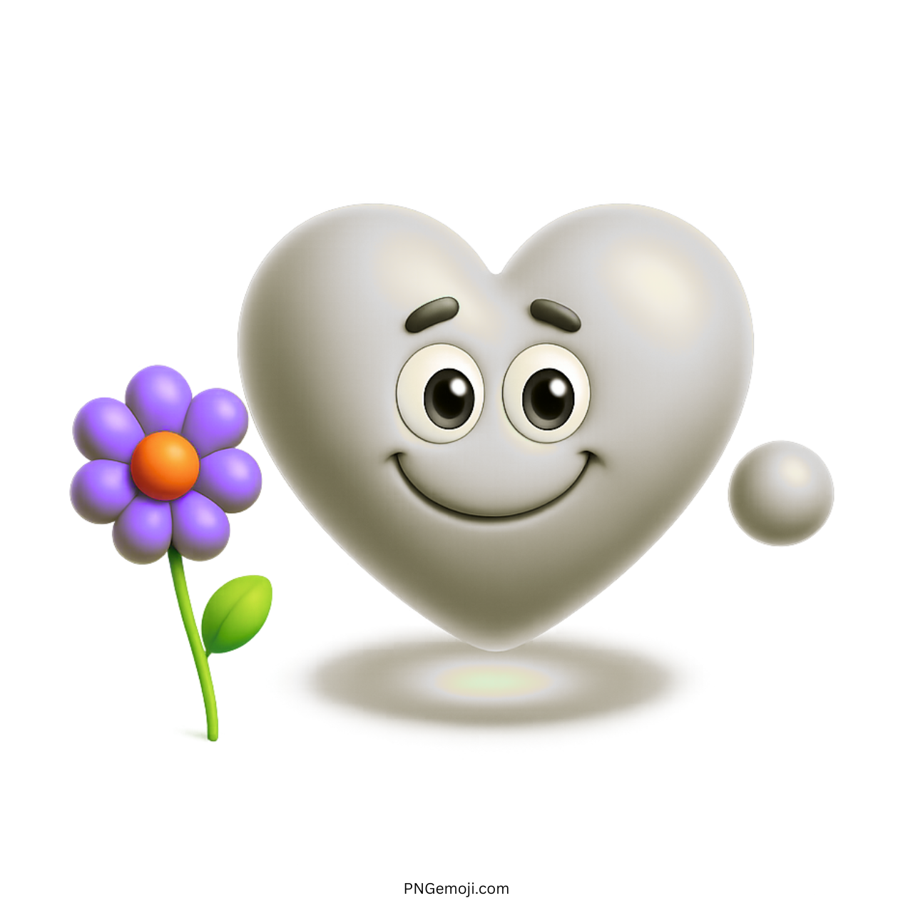 Glossy white heart emoji with purple flower and smiling cartoon face