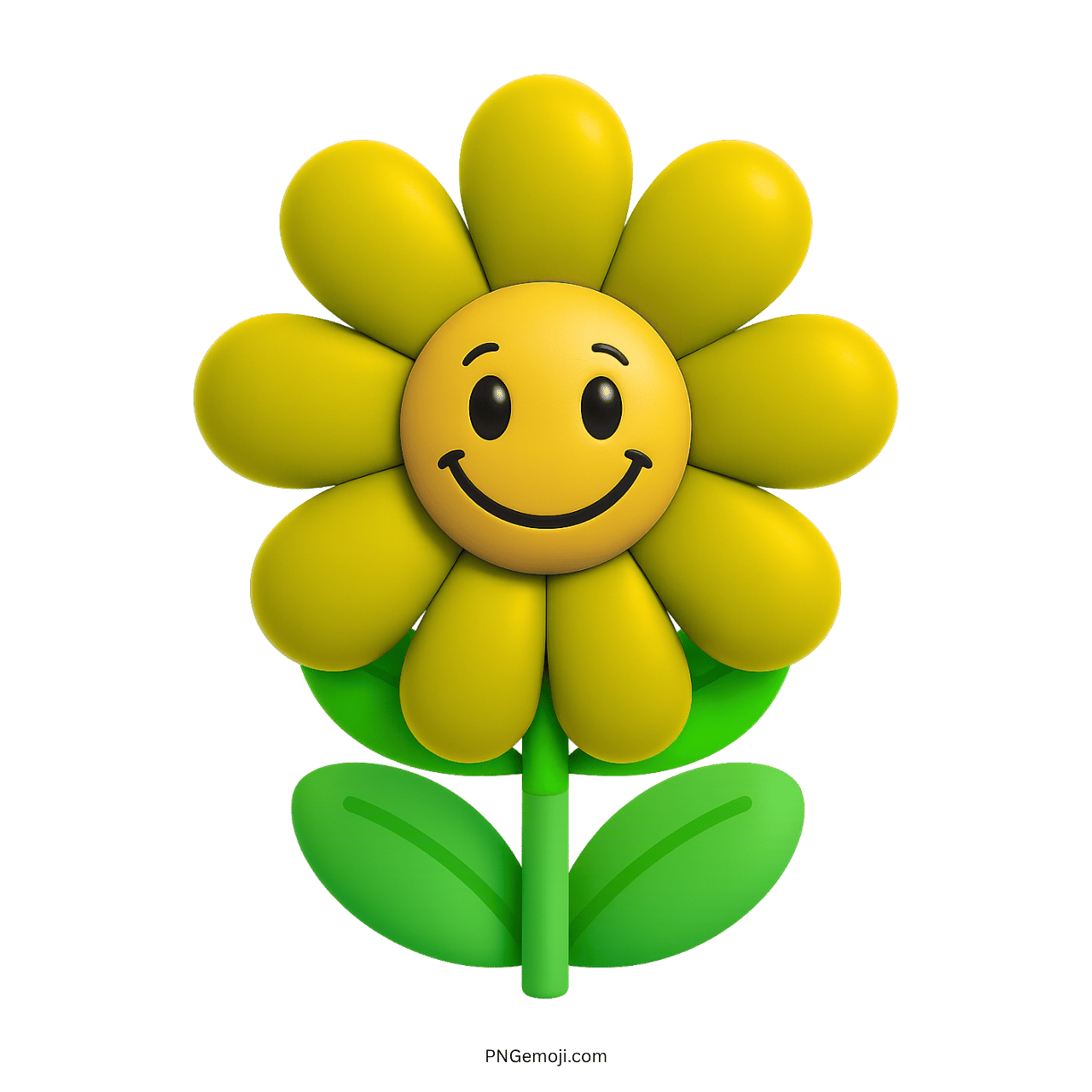 Smiling yellow flower emoji with green leaves on a transparent background.