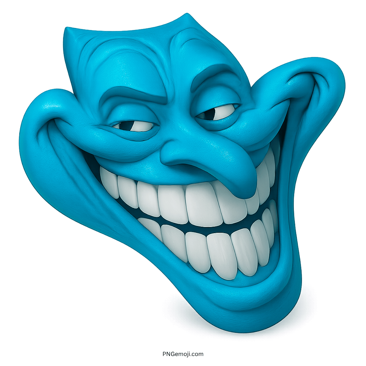 Sky blue 3D troll face emoji with mischievous smirk and wide toothy grin