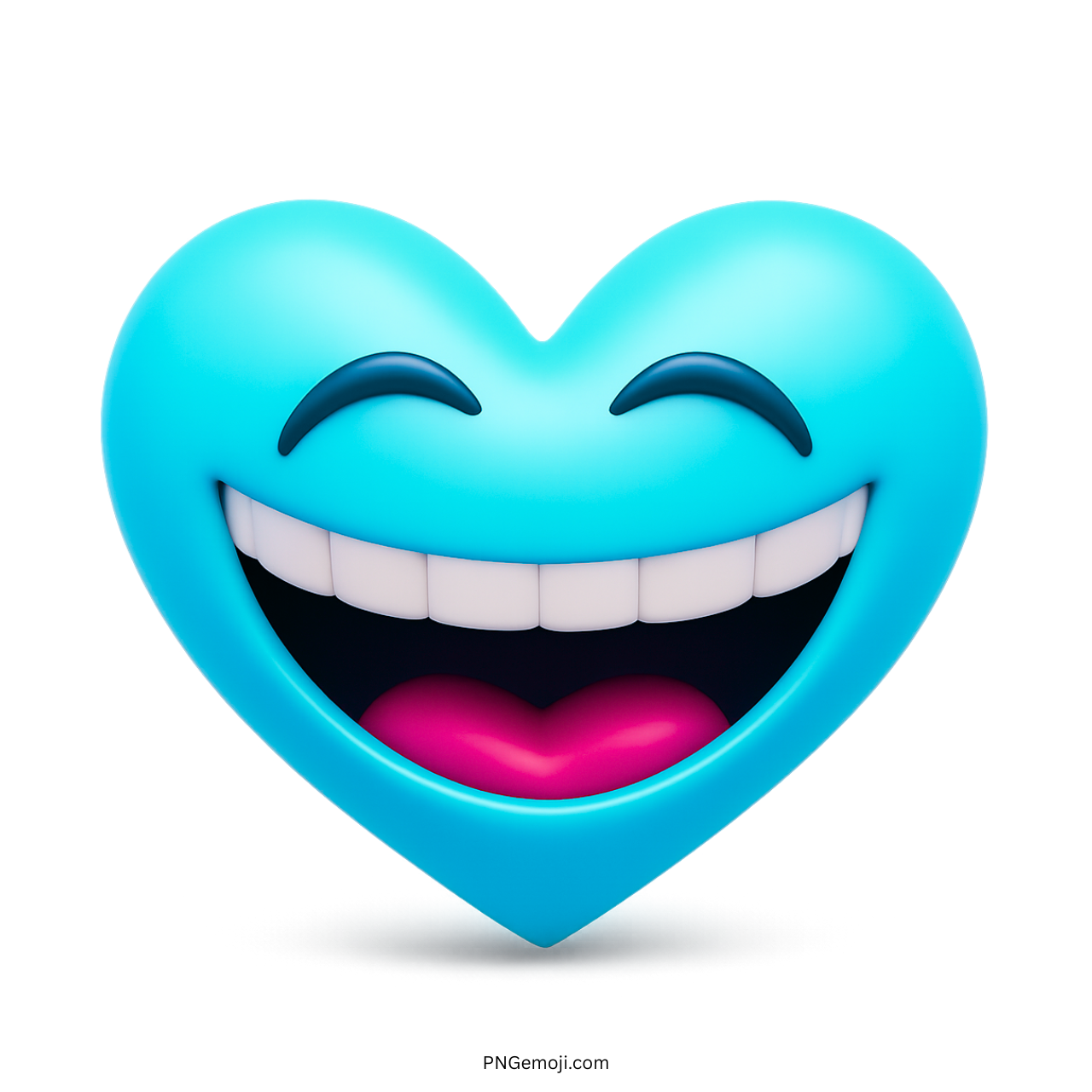 Sky blue heart emoji with happy big smile and joyful eyes in 3D cartoon style