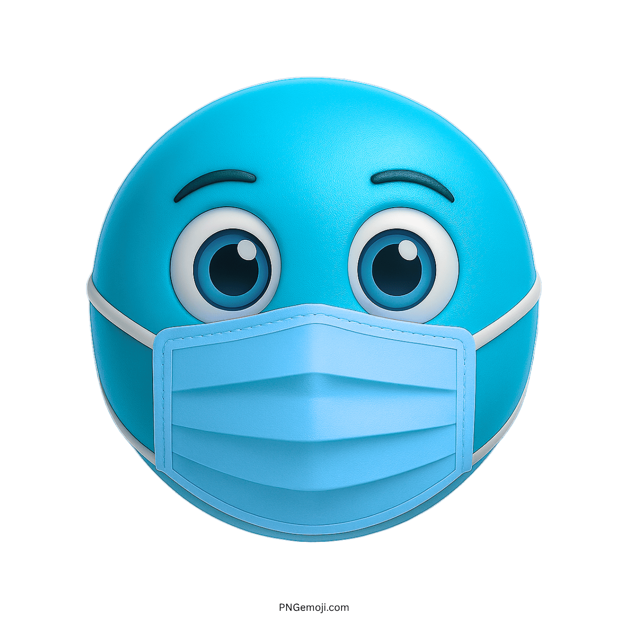 Sky blue emoji face with big eyes wearing light blue surgical protective mask