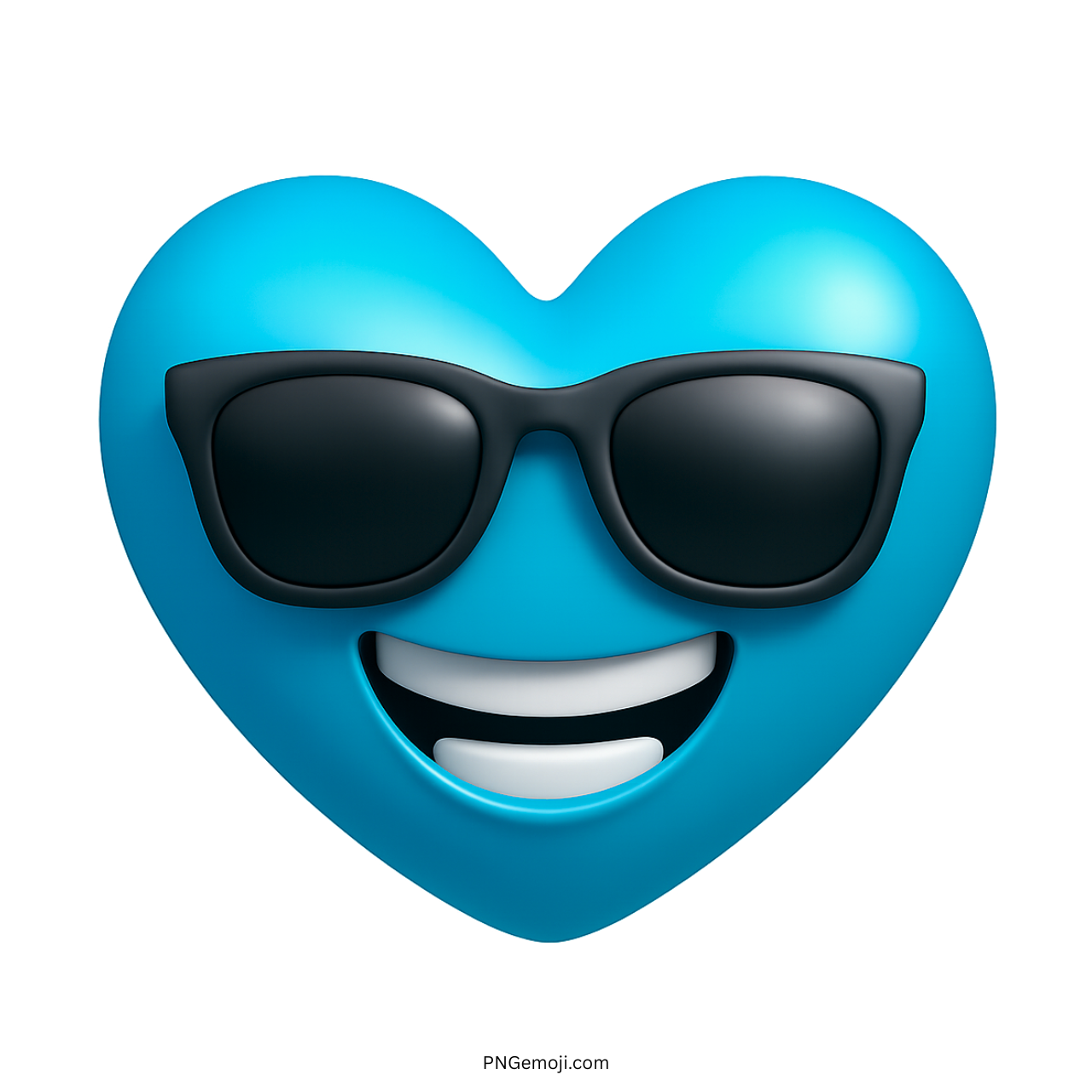 Sky blue heart emoji with sunglasses and smiling face in 3D cartoon style