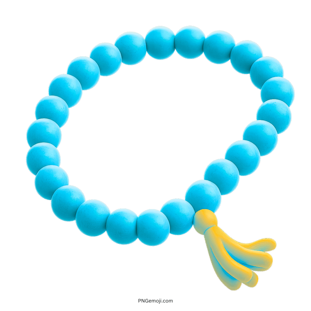 Sky blue prayer beads emoji with yellow tassel in 3D style on transparent background