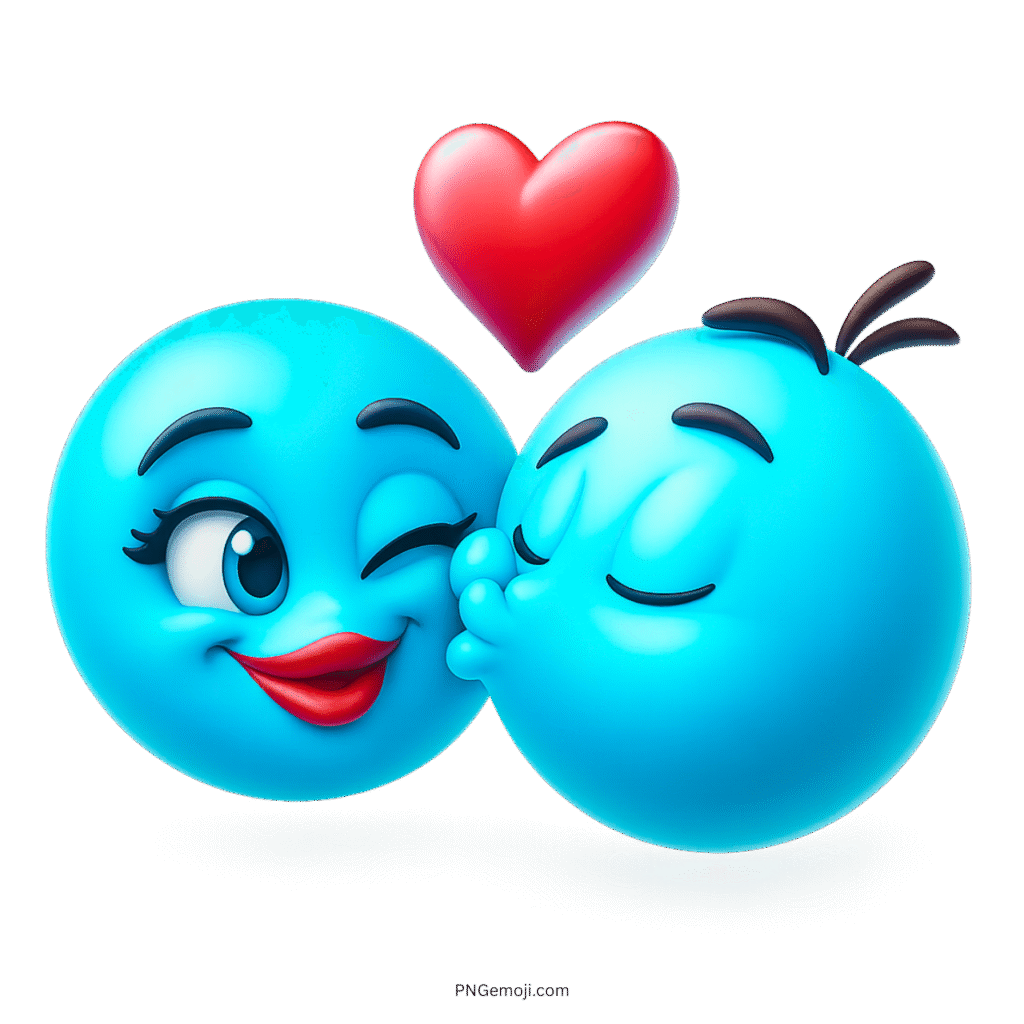 Sky blue couple emoji kissing with heart and love expression in 3D cartoon style