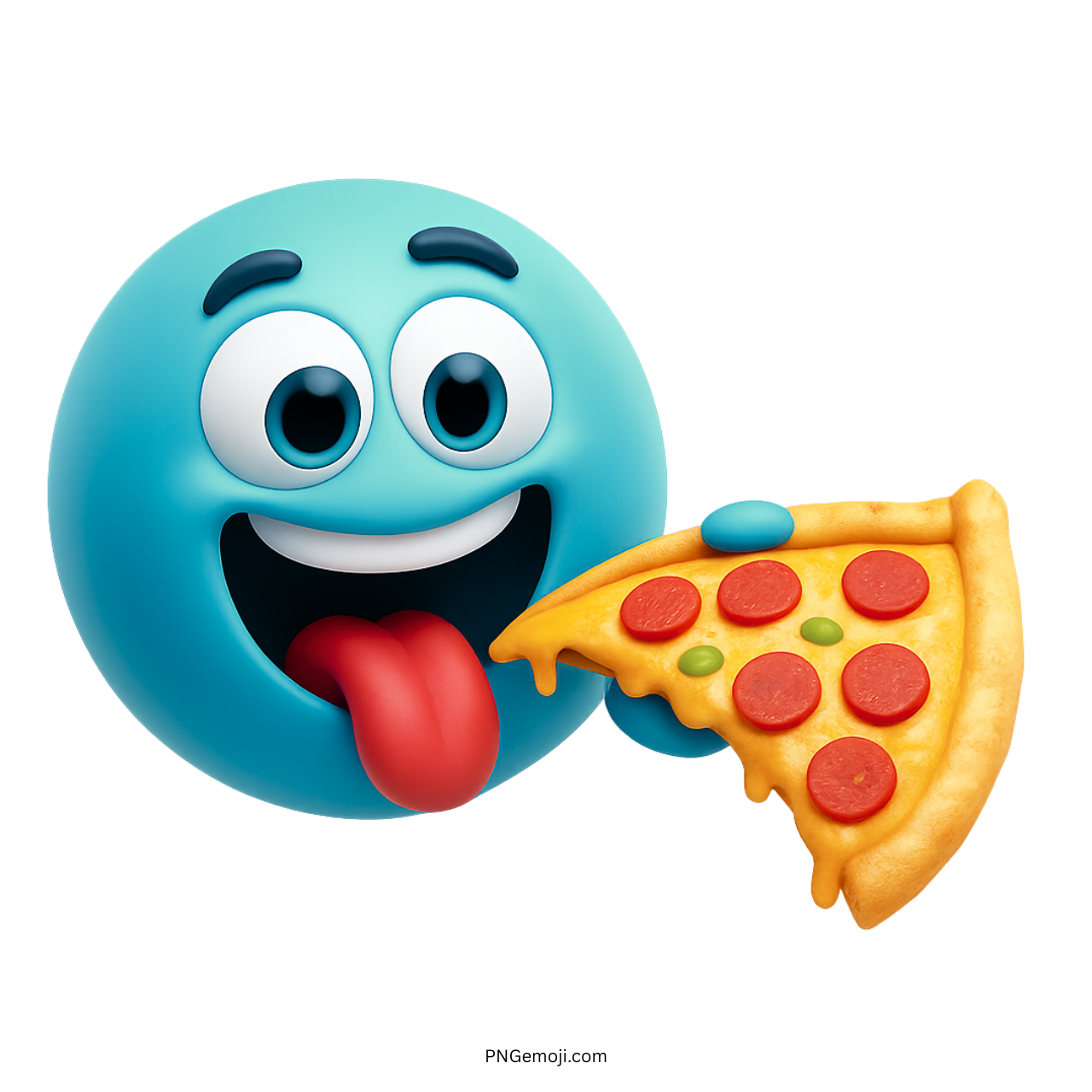 3D sky blue emoji sticking tongue out while holding a slice of pepperoni pizza
