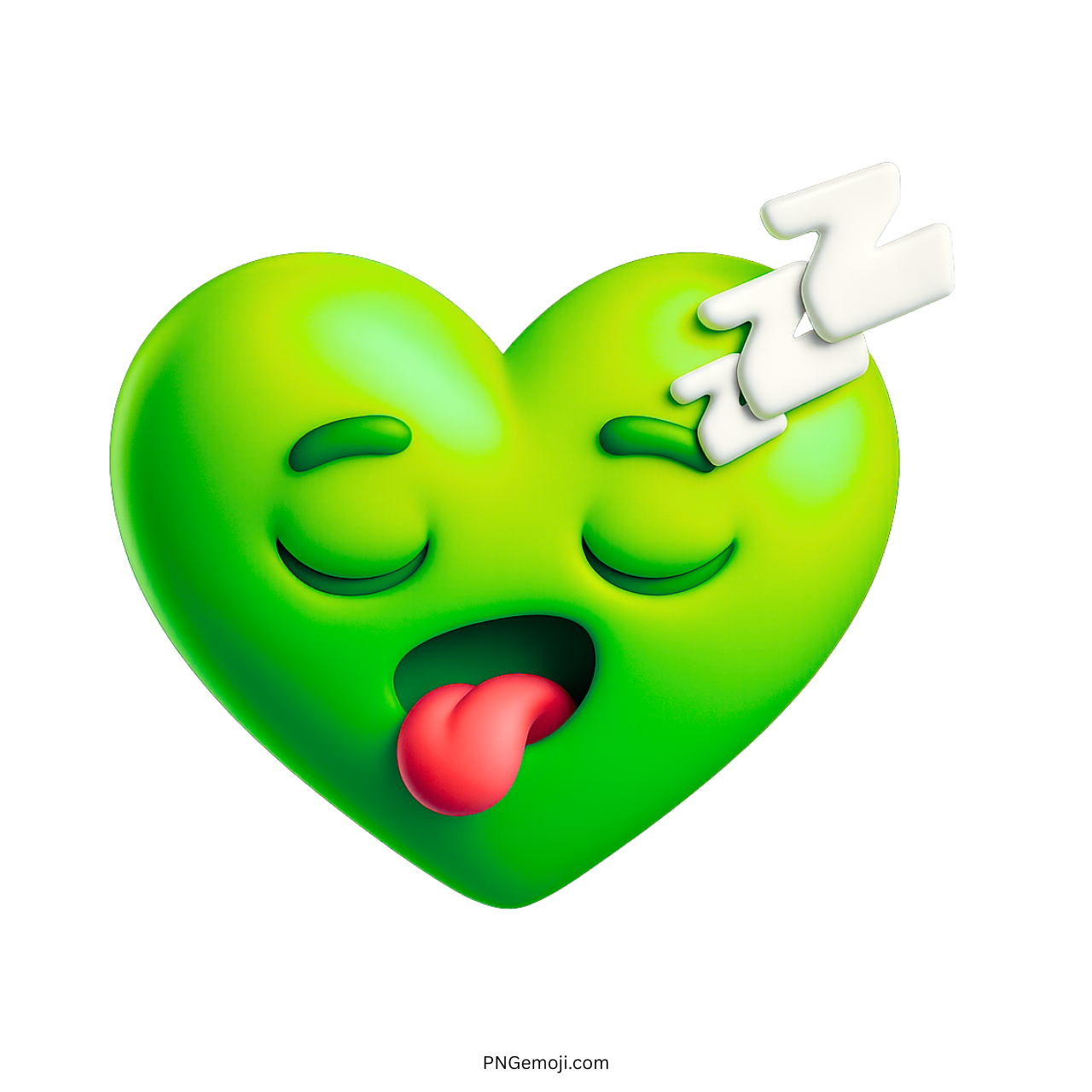 3D green heart emoji with tired face and Zzz cartoon sleep symbol