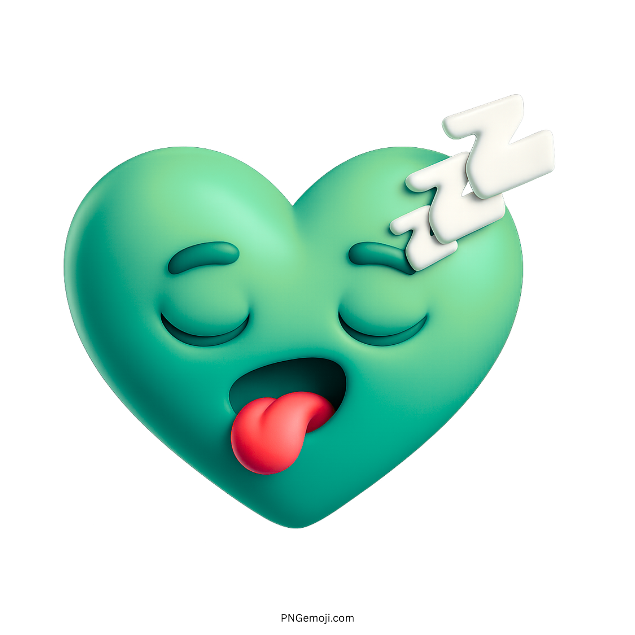 3D teal heart emoji with sleepy eyes, red tongue, and floating Zzz symbols