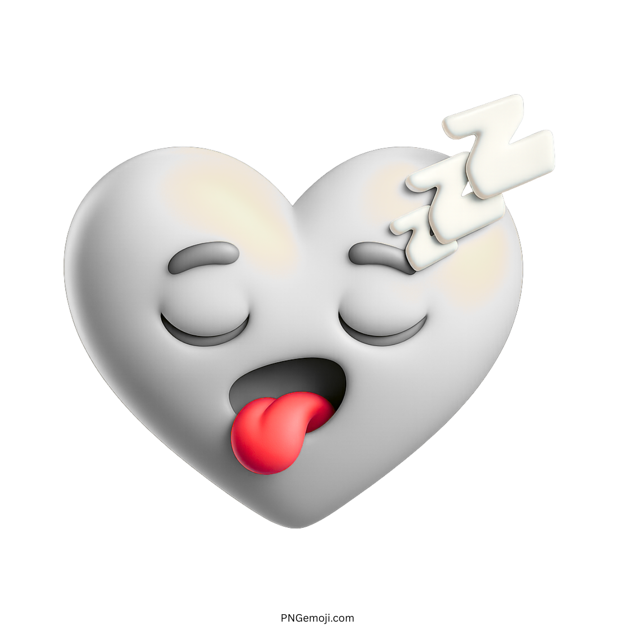 3D white heart emoji with sleepy eyes, red tongue, and cartoon Zzz signs