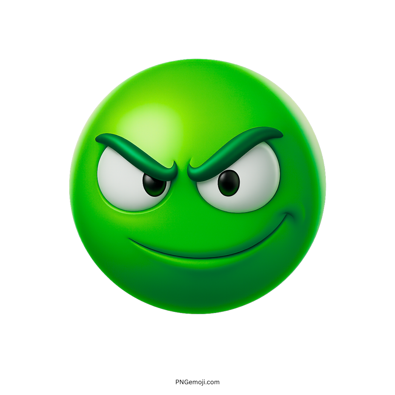 Green emoji with clever smirk, playful glare, and raised mischievous cartoon eyebrows.