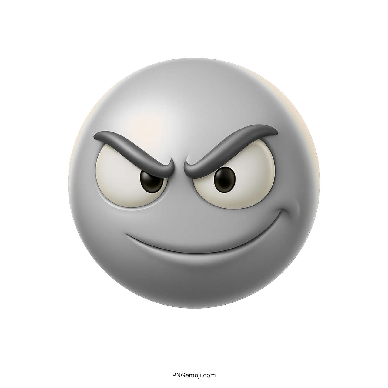 Silver emoji with devious smirk, intense eyebrows, and confident, mischievous eye expression.