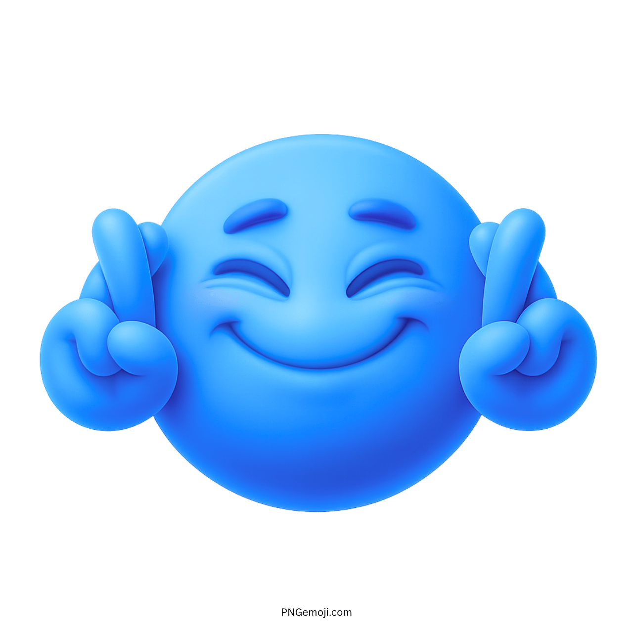 3D blue smiley emoji with closed eyes and fingers crossed for good luck