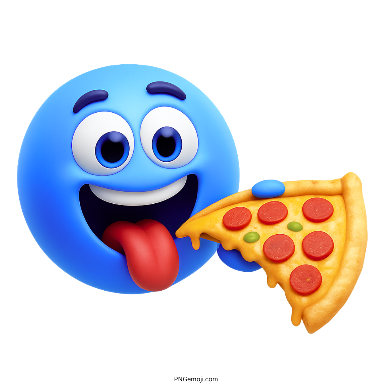 3D blue smiley face emoji happily eating pepperoni pizza slice