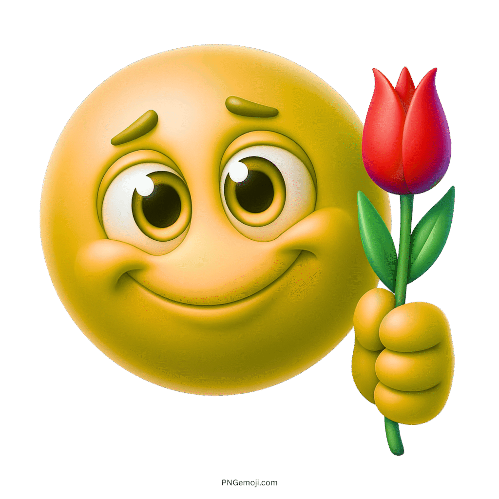 Smiley emoji holding red rose showing love affection kindness romantic gesture cartoon