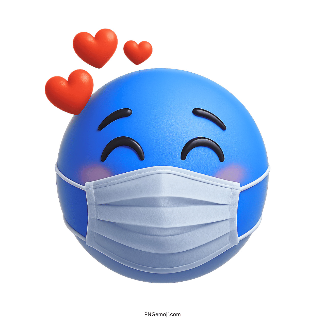 Blue smiley face emoji with red hearts and white medical mask in 3D style