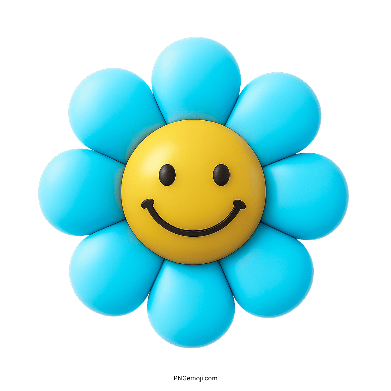 Smiley flower emoji with a bright yellow smiley face and blue petals on a green background.