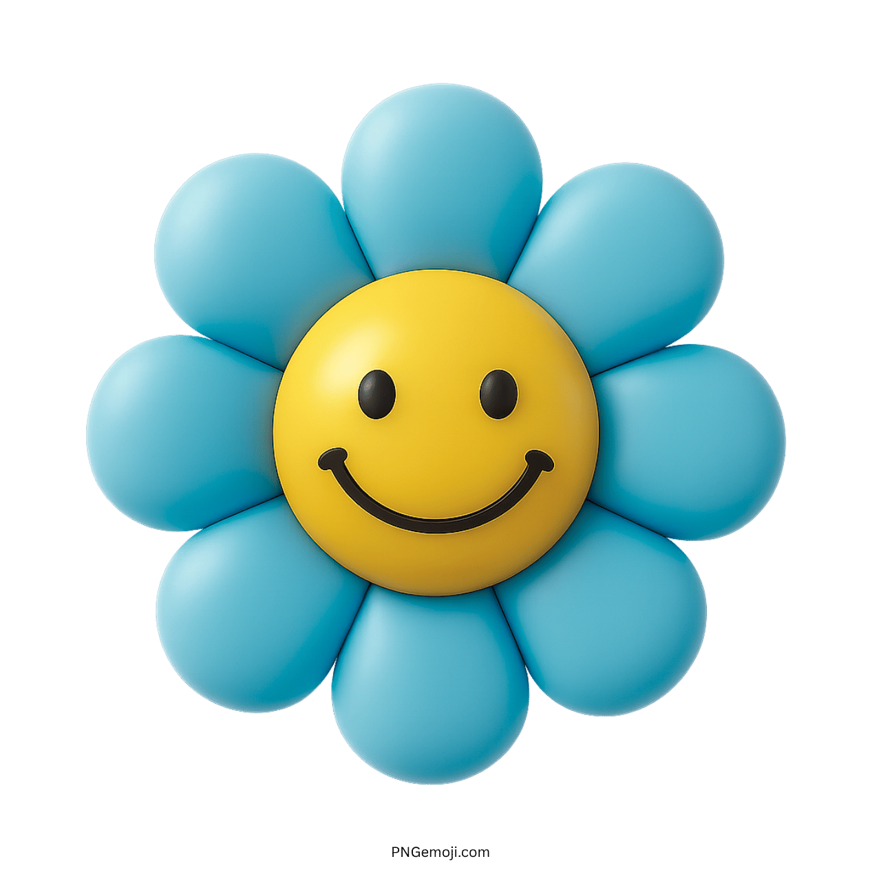 Smiley flower emoji with a yellow smiley face and light blue petals on a green background.