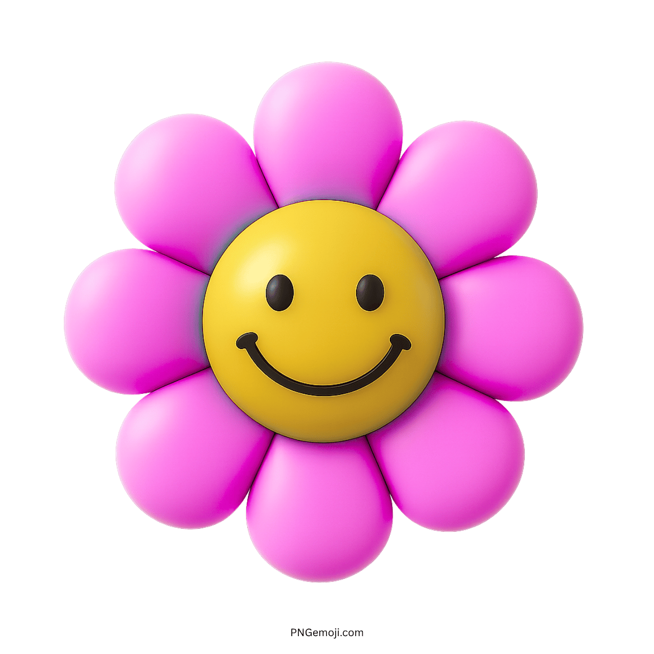  Smiley flower emoji with a yellow smiley face and pink petals on a green background.