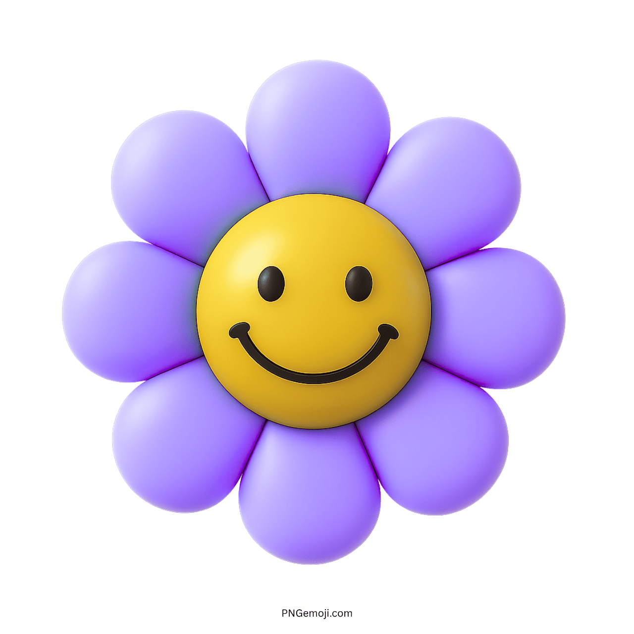 Smiley flower emoji with a yellow smiley face and purple petals on a green background.