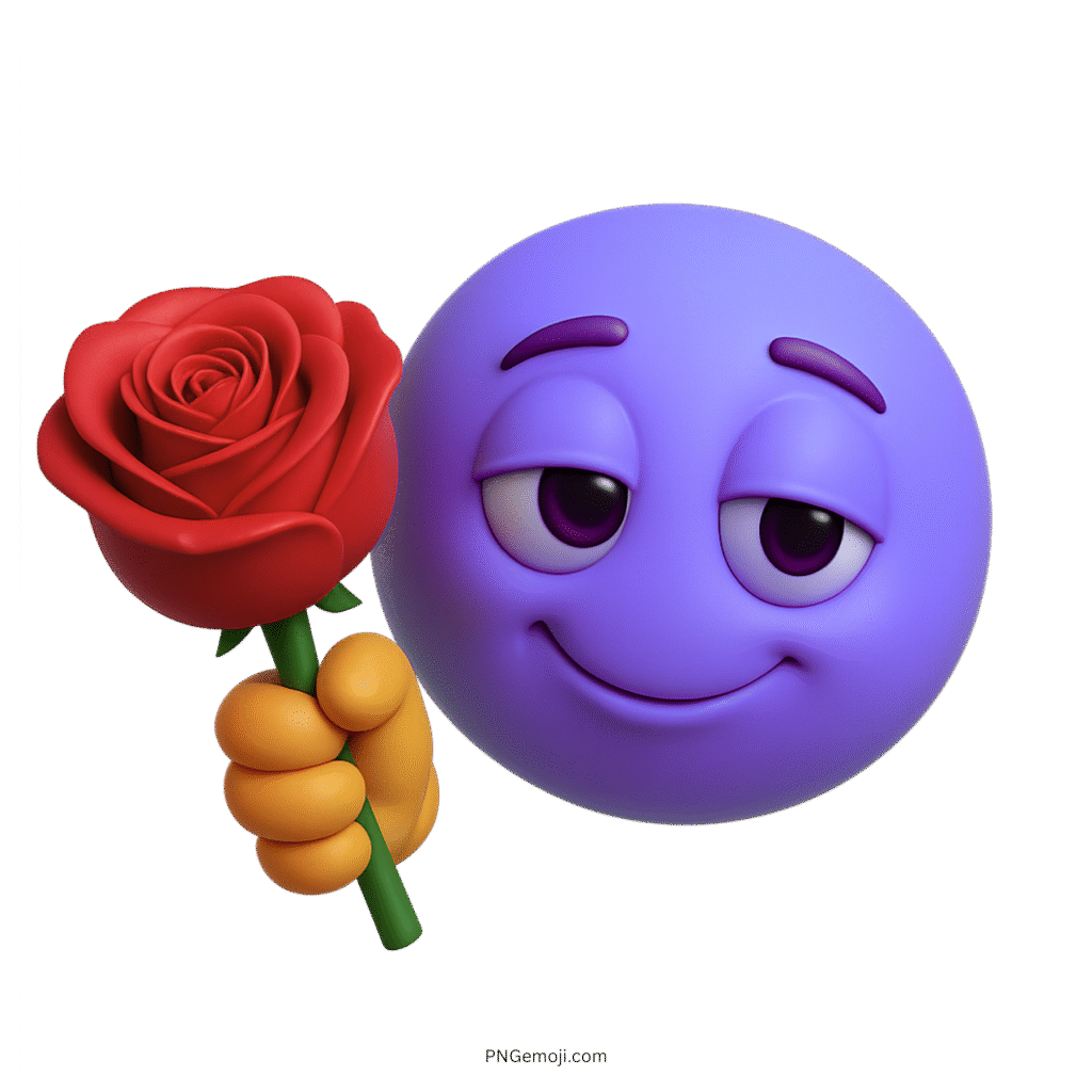 3D purple smiley emoji holding red rose with flirty romantic facial expression
