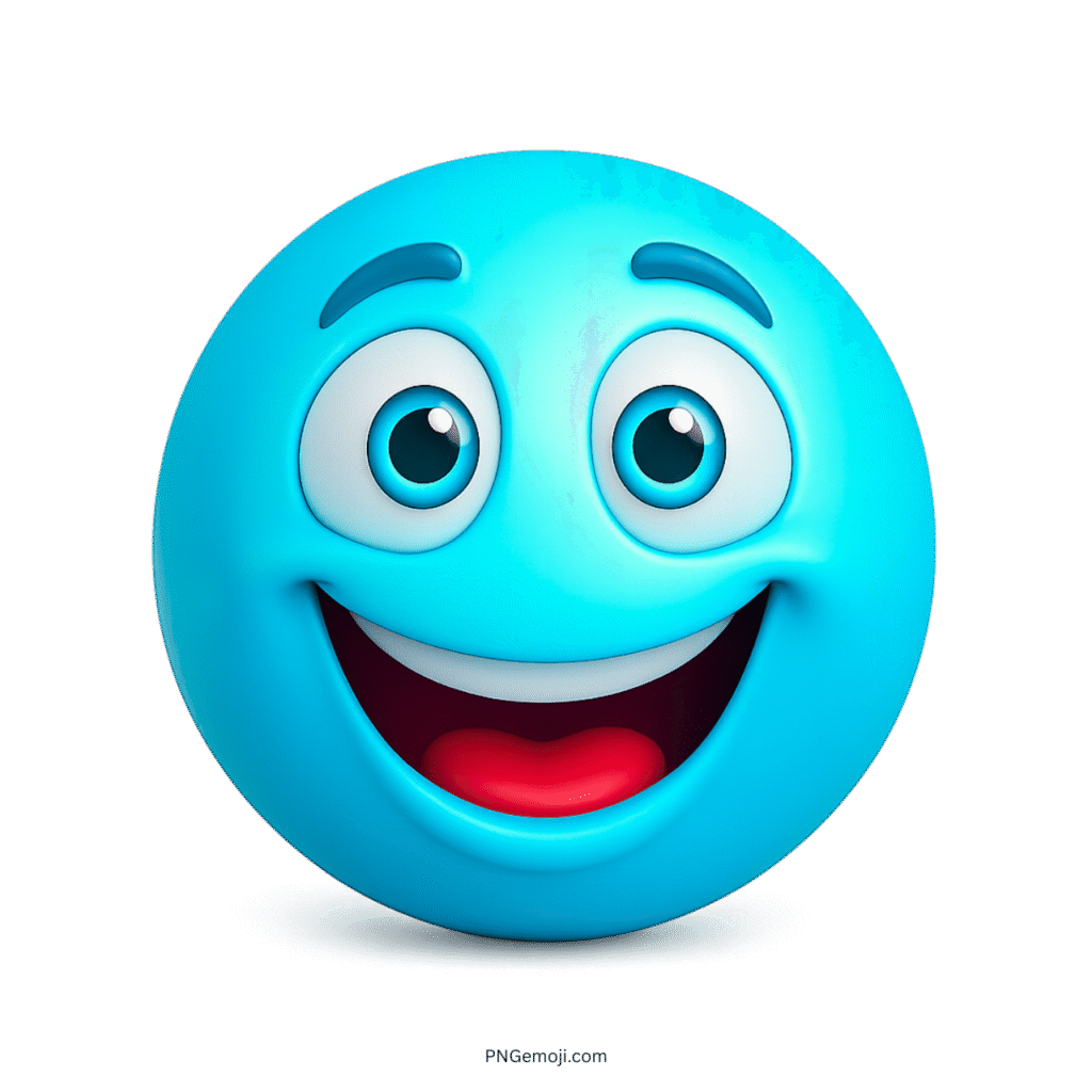 3D blue emoji with happy face and joyful eyes, cartoon-style expression